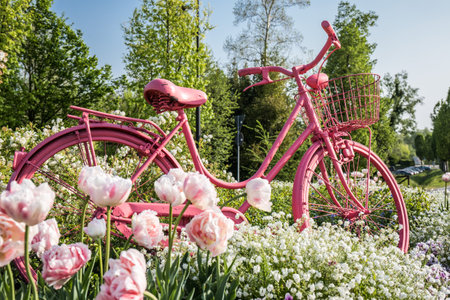 A low angle shot of a pink bicycle as a decoration in a parkの写真素材