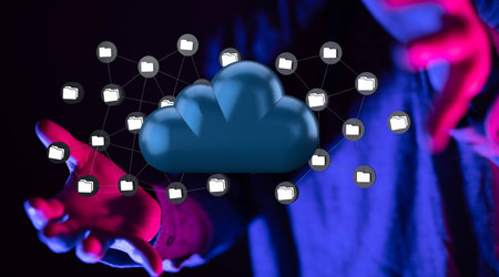 A 3d rendering of connected folder icons and a cloud hovering between man's palms - cloud computing...