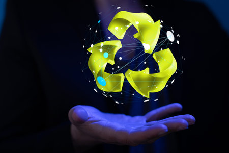 A 3d render of the recycling symbol above a handの写真素材
