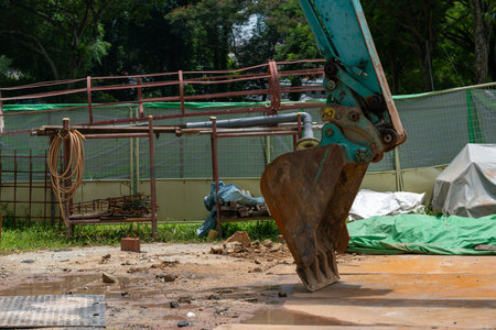 Excavator at construction site. Horizontal shot with copy space