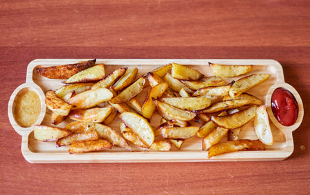 A closeup of fried potatoes with seasonings on a wooden plate