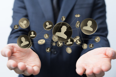A 3D rendering of an Abstract technology group and social network connection on a blurry backgroundの写真素材