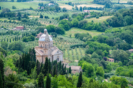 The view of the Sanctuary of the Madonna di San Biagio. Tuscany, Italy.の写真素材