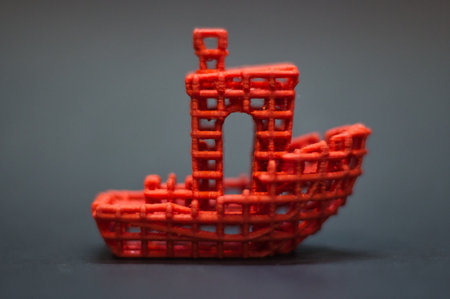 A closeup shot of a red toy boat isolated on gray background