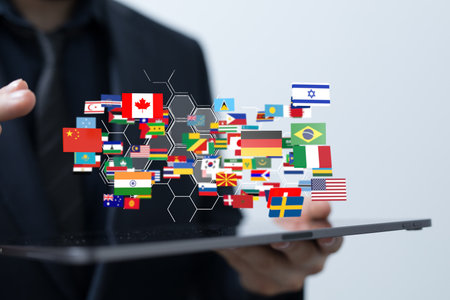 A person presenting a 3D rendered projection of different countriesの写真素材