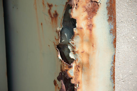 A closeup of a cracked rusty pillar on a background of gray wall