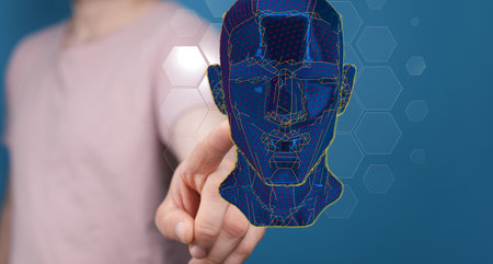 A 3D rendering of floating digital head with hand pointing on it-brain network and digital IQ...