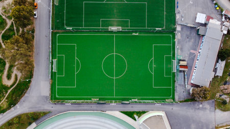 An aerial view of an empty soccer stadium