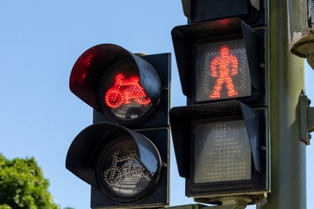 The red traffic lights of bicycles and pedestrians against a blue sky on a pole on the streetの写真素材