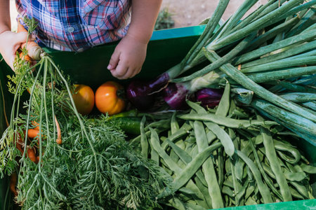 A closeup of the little boy working in the garden.の写真素材
