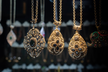 A closeup shot of vintage jewelry displayed in a shop