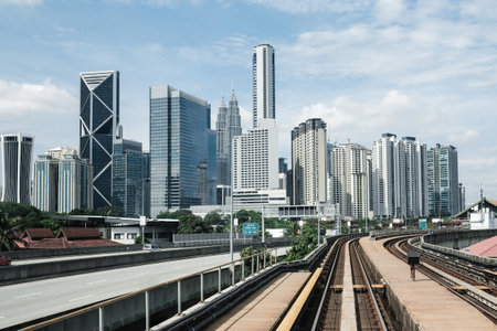 The downtown viewed from train tracksの写真素材