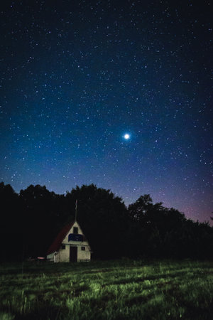 A vertical shot of an old building surrounded by trees under a starry night skyの写真素材