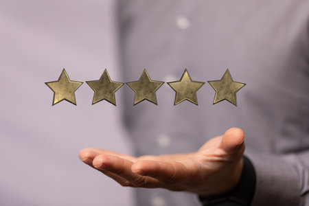 A 3d rendering of a review icon and rating stars showing feedback