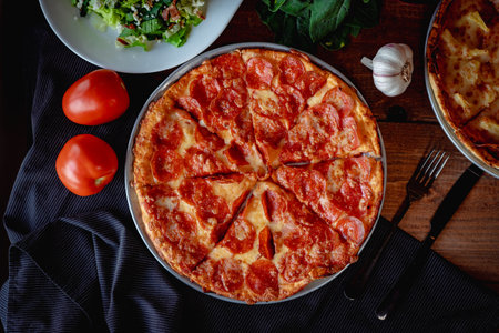 A closeup top view of a delicious pizza pepperoni and a salad  on a table with other ingredientsの写真素材