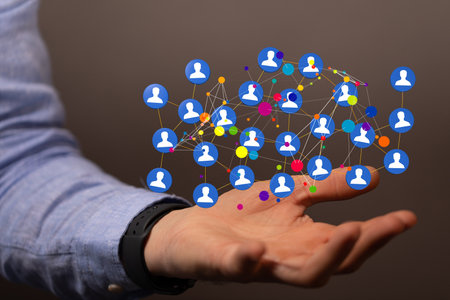 A person presenting the virtual projection of digital conference teamwork connectionの写真素材