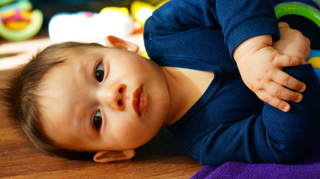 A closeup shot of a baby playing