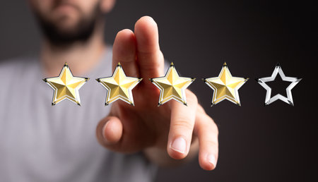 A 3D rendering of customer's hand touching the digital  4 out of 5 stars in a satisfaction...