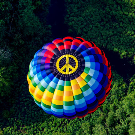 An aerial shot of a colorful hot air balloon with the peace sign on it flying above a forestの写真素材