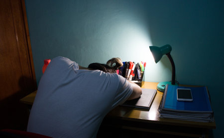 A rear view of a man sleeping on a desk with lampshade turned-onの写真素材