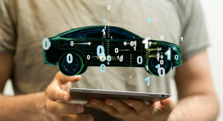 An illustration of an electro car in hands of a businessman