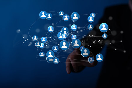 A 3d rendering of a team connection and social network symbol on a blurry backgroundの写真素材