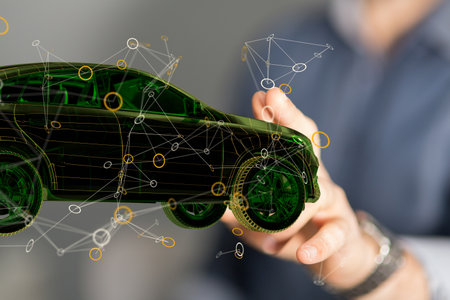 An illustration of an electro car in hands of a businessmanの写真素材