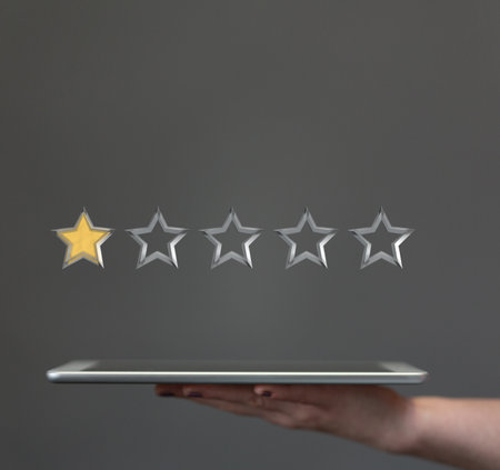 A 3d rendering of a review icon and rating stars showing negative feedback