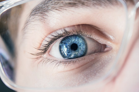 A closeup shot of a blue human eye wearing optical glasses, Ophthalmology conceptの写真素材