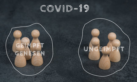 Two groups are standing in drawn circles,vaccinatedand unvaccinated against covid-19, german languageの写真素材