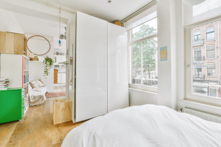 A beautiful furnished cozy living room and bedroom interior
