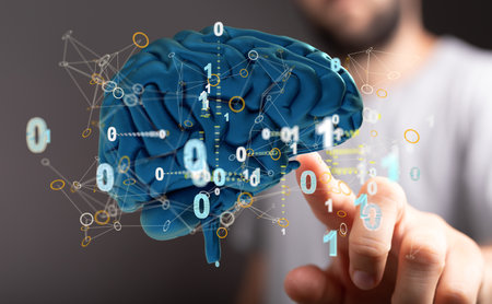 A 3D rendering of digital brain with hand touching it from behind-brain network and digital IQ conceptの写真素材