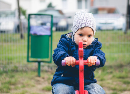 An adorable little boy from Poland having fun in the playground at fall
