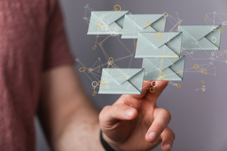 A 3D render of an email symbol and Network Communications with a blurry backgroundの写真素材