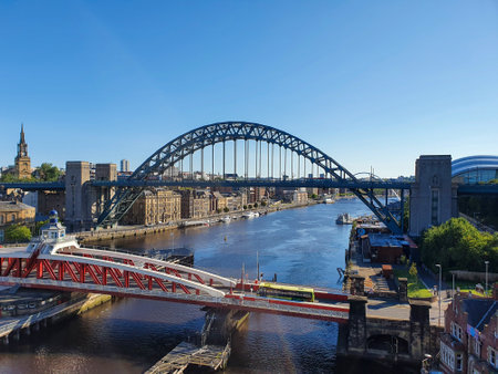 Tyne & Swing bridge cross over buildings at the river tyne, taken from high level bridge, Gatesheadの写真素材