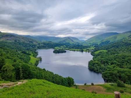 Hills and lake viewed at Grasmere on a cloudy summers day
