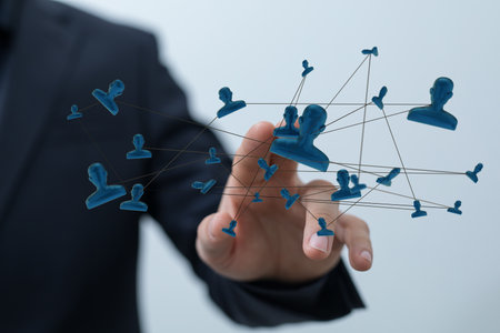 A 3d rendering of a team connection and social network symbol on a blurry backgroundの写真素材