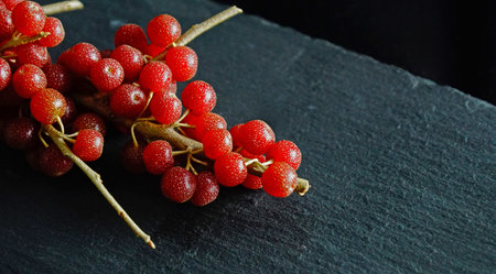 A closeup of fresh Schisandra on a board under the sunlight with a dark blurry backgroundの写真素材