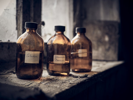 A close-up shot of three bottles with liquid on an old damaged balcony.