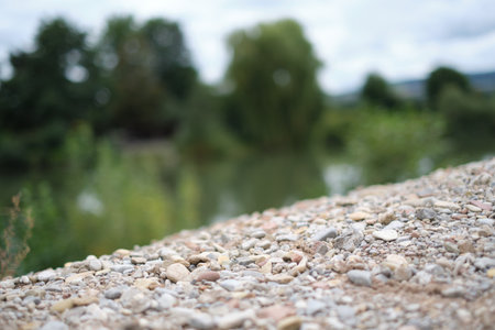 Selective focus shot of an old industrial quarry lake for gravel mining. Lakes for bathing and water...