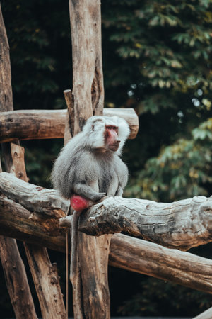 A vertical shot of a hamadryas baboon sitting on a tree.の写真素材