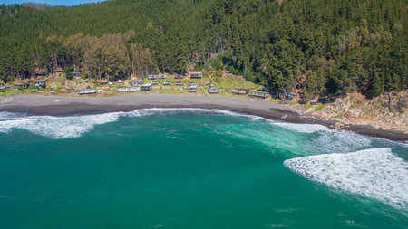 Caleta Pellines, Constitucion, Maule, Chile, horizontal drone aerial photo, sea and Forest, Chilean surf spotの写真素材