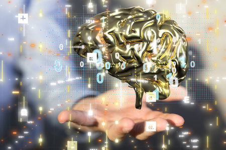 A 3D render of a holographic digital style human brain conveying the ideaの写真素材