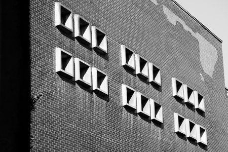 A close up shot of an eighteen small windows on a big building, the exterior design, black and white