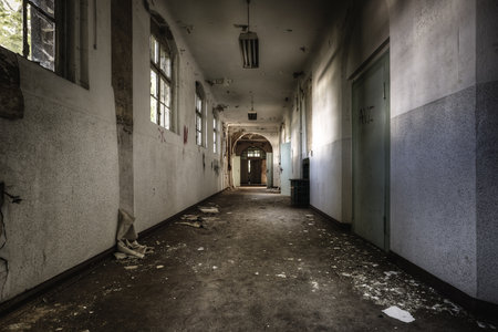 A shot of an abandoned and damaged hallway.の写真素材