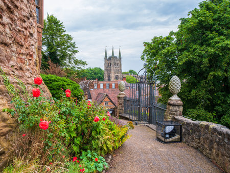 The view of St Editha's church from the entrance to Tamworth Castle, UKの写真素材