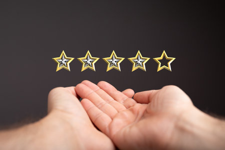 A 3d rendering of a review icon and rating stars showing feedback