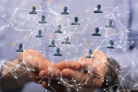 A 3D rendering of a team connection and social network symbol on a blurry background