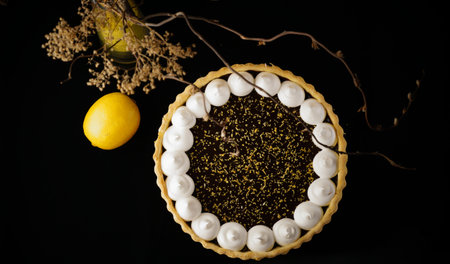A top view of a delicious tart covered in whipped cream and chocolate on a black tableの写真素材