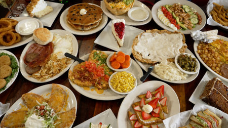A closeup of different dishes on a wooden table